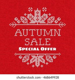 Vector illustration  Handmade knitted seamless abstract background pattern with "Autumn sale Special offer"  text and frame with fall maple leaves and berries 