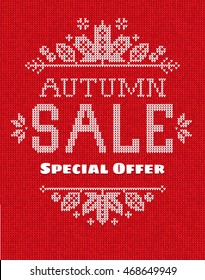Vector illustration  Handmade knitted seamless abstract background pattern with "Autumn sale Special offer"  text and frame with fall maple leaves and berries 