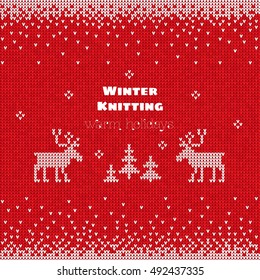 Vector illustration Handmade knitted seamless abstract background red pattern with white border frame, deers and Christmas trees