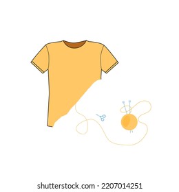 Vector illustration of handmade knitting, featuring a yellow t-shirt, a yarn ball, and scissors, representing the art of crafting and DIY apparel creation.