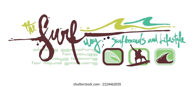 Vector illustration of handmade lettering with stylized waves and surfer. Art for printing on t-shirts and etc...