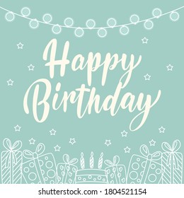 Vector illustration with hand-made lettering with white contour items on a blue background: gifts, garland, stars and cake. For a postcard, banner, or poster.