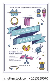 Vector illustration handmade market poster, crafts workshop, art fair and festival poster. Handmade tools