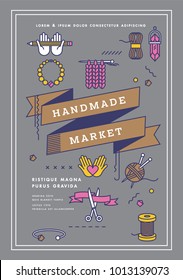 Vector illustration handmade market poster, crafts workshop, art fair and festival poster. Handmade tools