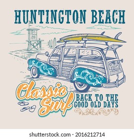 Vector illustration, handmade of old surfer car in seaside landscape.