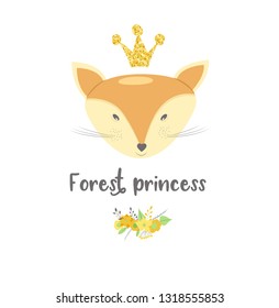 Vector illustration handmade. Painted face of a fox with a crown on his head. Print for baby or girl clothes. Children's illustration for print, poster, invitation, textile or other.