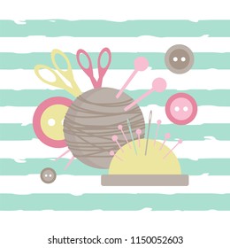 Vector illustration for handmade. Pin, needle bar, scissors, yarn ball and thread. Sewing and knitting stuff. Set for needlework. Logo elements for handmade, craft, atelier. EPS 10