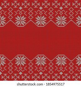 Vektorgrafik Handmade nahtlos gestrickter Hintergrund Rahmen Rahmen Rahmen Rahmen Rahmen Weihnachtsschmuck, skandinavisch, slawisch, nationalen Stil, mit Platz zum Schreiben von Text. Rot-weißes Muster.