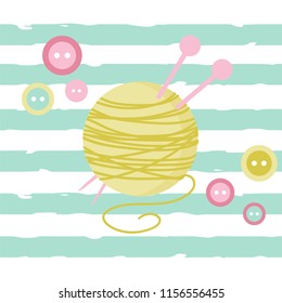 Vector illustration for handmade. Vector set of yellow yarn ball for knitting and buttons. Cute Vector card for knitting. Design elements for handmade. Ball of yarn on white background.