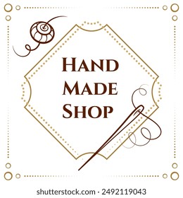 Vector illustration of a handmade shop logo featuring a sewing needle, thread, the boho style bead and vintage typography, highlighting artistry and craftsmanship