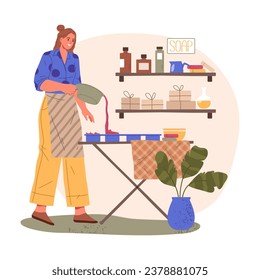 Vector illustration of handmade soap crafting process. Cartoon clipart of home craft product for skin care. Woman domestic workshop. Organic and natural cosmetic. Female make hygiene or beauty product