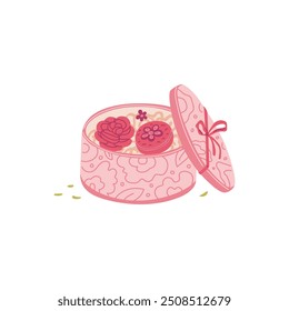 Vector illustration with handmade soap in a round gift box. Natural soap is presented in packaging suitable for sale or gift. Flat cartoon style with isolated background.