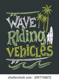 Vector illustration, handmade of surfboards silhouette, surfer and coconut trees. Scribbled letters with surfing text.