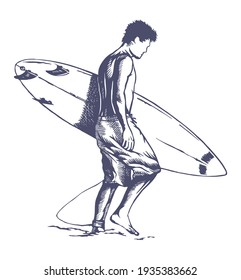 Vector illustration, handmade, of surfer walking. Art in free and stripped pen strokes.