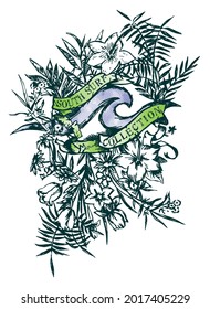 Vector illustration, handmade of tropical flowers and leaves, wave and banner with surfing text. Art in free and stripped lines.