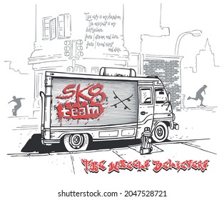 Vector illustration, handmade of urban landscape with skateboarders silhouette.