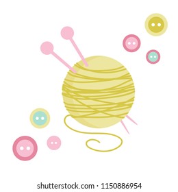 Vector illustration for handmade with yarn ball and button. Cute yarn ball and Handmade text with needles. Set for needlework. Logo elements for handmade, craft, atelier. EPS 10