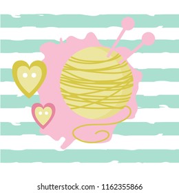 Vector illustration for handmade with yarn ball. Vector set of yellow yarn ball for knitting and buttons. Cute Vector card for knitting. Design elements for handmade. Ball of yarn on white background.