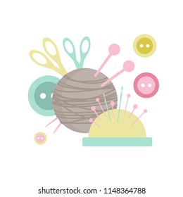 Vector illustration for handmade with yarn, scissors, button and needle bar. Set for needlework. Logo elements for handmade, craft, atelier. The symbol of knitting and needlework. EPS 10