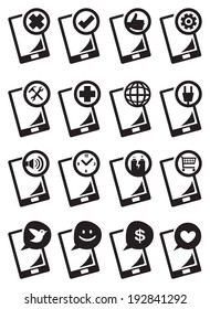 Vector illustration of handphone and different functions in black and white.