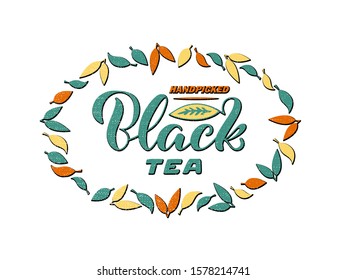 Vector illustration of handpicked black tea brush lettering for package, banner, flyer, poster, bistro, café, shop signage, advertisement design. Handwritten text for template, sign, billboard, print 