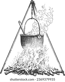 A vector illustration in handrawn engraved style of outdoor campfire cooking pot hanging on a tripod over the bonfire