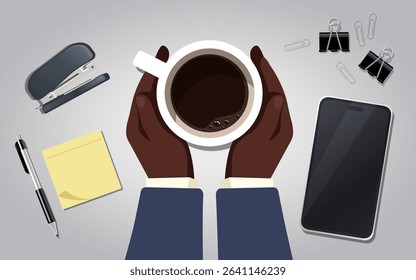 Vector illustration of hands of African American businessman holding cup of black bitter coffee. Top view of office work desk. Realistic phone, paper clip, clamp, pen, stapler and sticker.
