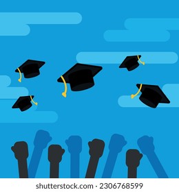 Vector illustration of hands in the air throwing graduation caps. University graduate party and celebration.