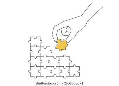 Vector illustration of hands assembling a jigsaw puzzle