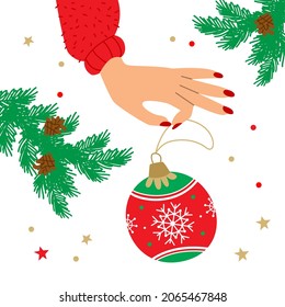 Ilustración vectorial con manos y bolas. Noche de navidad. Inspiración en el invierno de Año Nuevo.