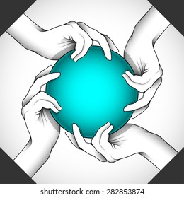Vector illustration of hands with ball as symbol of power, help, teamwork, etc... can be part of other creative designs. Editable vector with several layers. Eps 10