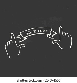 Vector illustration of hands with a banner isolated on black, for decorations, logos and headers.