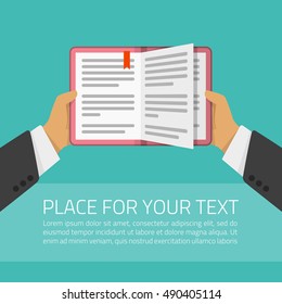 Vector illustration hands with book. Concept of knowledge, education, study, learning or education online. Design in flat style. 