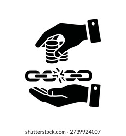 Vector illustration of hands breaking a chain with coins, symbolizing financial liberation and independence.