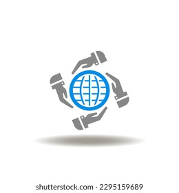 Vector illustration of hands care globe sign. Icon of ESG. Symbol of earth planet save and protection.