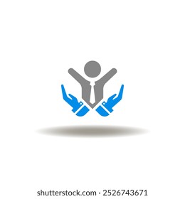 Vector illustration of hands care palm with business person. Symbol of EAP Employee Assistance Program. Icon of entrepreneurship care.