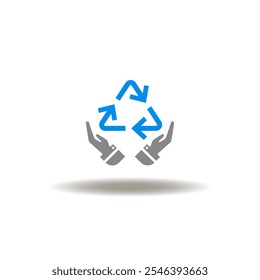 Ilustração vetorial da palma de cuidado das mãos com sinal de reciclagem. Símbolo de reciclagem. Ícone Reciclar.