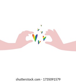 Vector Illustration von Händen vorsichtig halten fliegende Herzen in Regenbogen LGBT Fahnen Farben. IGBT, Freiheit Liebe, Gay Pride Konzept. Redefreiheit