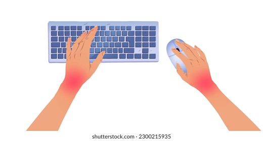 Vector illustration of hands with carpal tunnel syndrome using keyboard and mouse