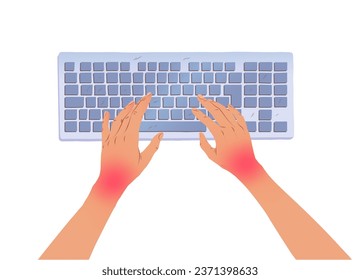 Vector illustration of hands with carpal tunnel syndrome using keyboard