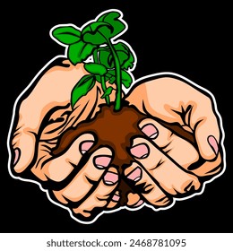 Ilustración vectorial de manos que llevan plantas con contorno blanco sobre fondo negro. Día nacional de ejercicio de jardinería. Una etiqueta. Vamos Verde.