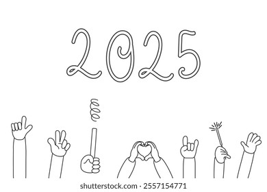 Vector Illustration of hands celebrating beneath the year 2025, featuring playful gestures and festive elements in a simple line art style