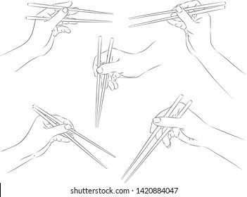 vector illustration of hands with chopsticks in line art mode