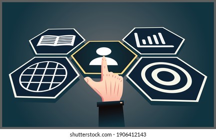 vector illustration of hands click new skills knowledge, business internet technology concept