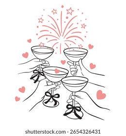 Ilustração vetorial das mãos que seguram taças de champanhe com arcos, rodeadas por corações e fogos de artifício. Ideal para celebrações de casamento, convites de festa ou momentos românticos