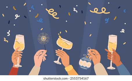 Vector illustration of hands clinking glasses with champagne. Happy New Year and Merry Christmas concept.