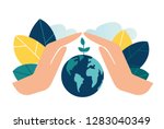 vector illustration, hands close the planet from pollution, save the planet, a small process of a plant, save energy, Earth Day concept - vector