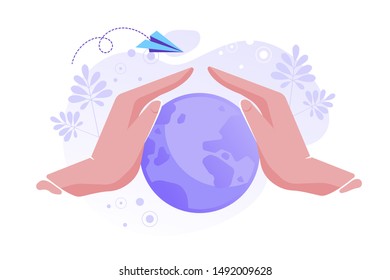 vector illustration, hands close the planet from pollution, save the planet, a small process of a plant, save energy, Earth Day concept - vector
