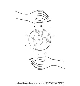 vector illustration, hands close the planet from pollution, save the planet, a small process of a plant, save energy, Earth Day concept - vector