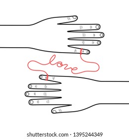 Vector illustration, Hands connected by the red string of fate on white background